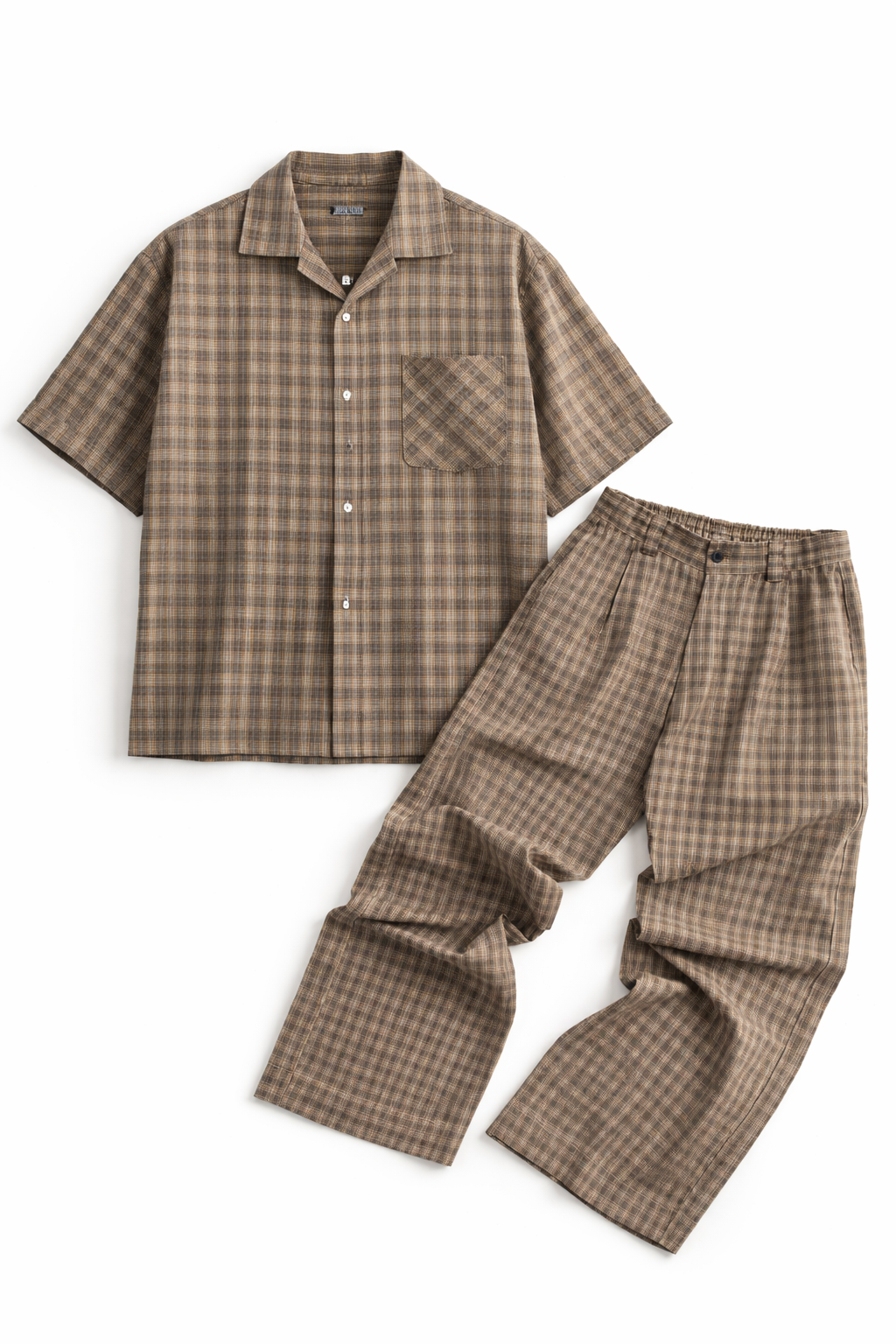 Brown checkered shirt and pants set on a white background